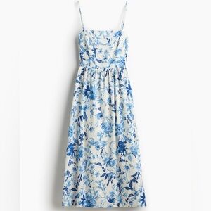 H&M White and Blue Linen-blend midi dress